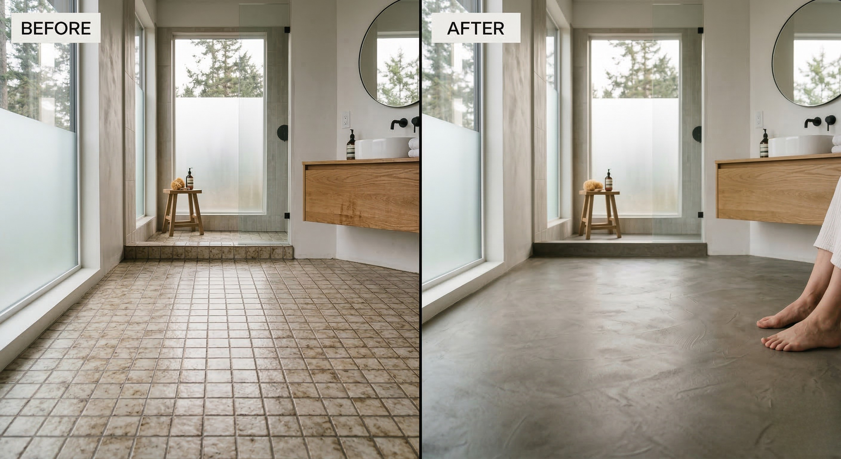 Before and after: dated bathroom tile replaced with seamless microcement flooring on Vancouver Island