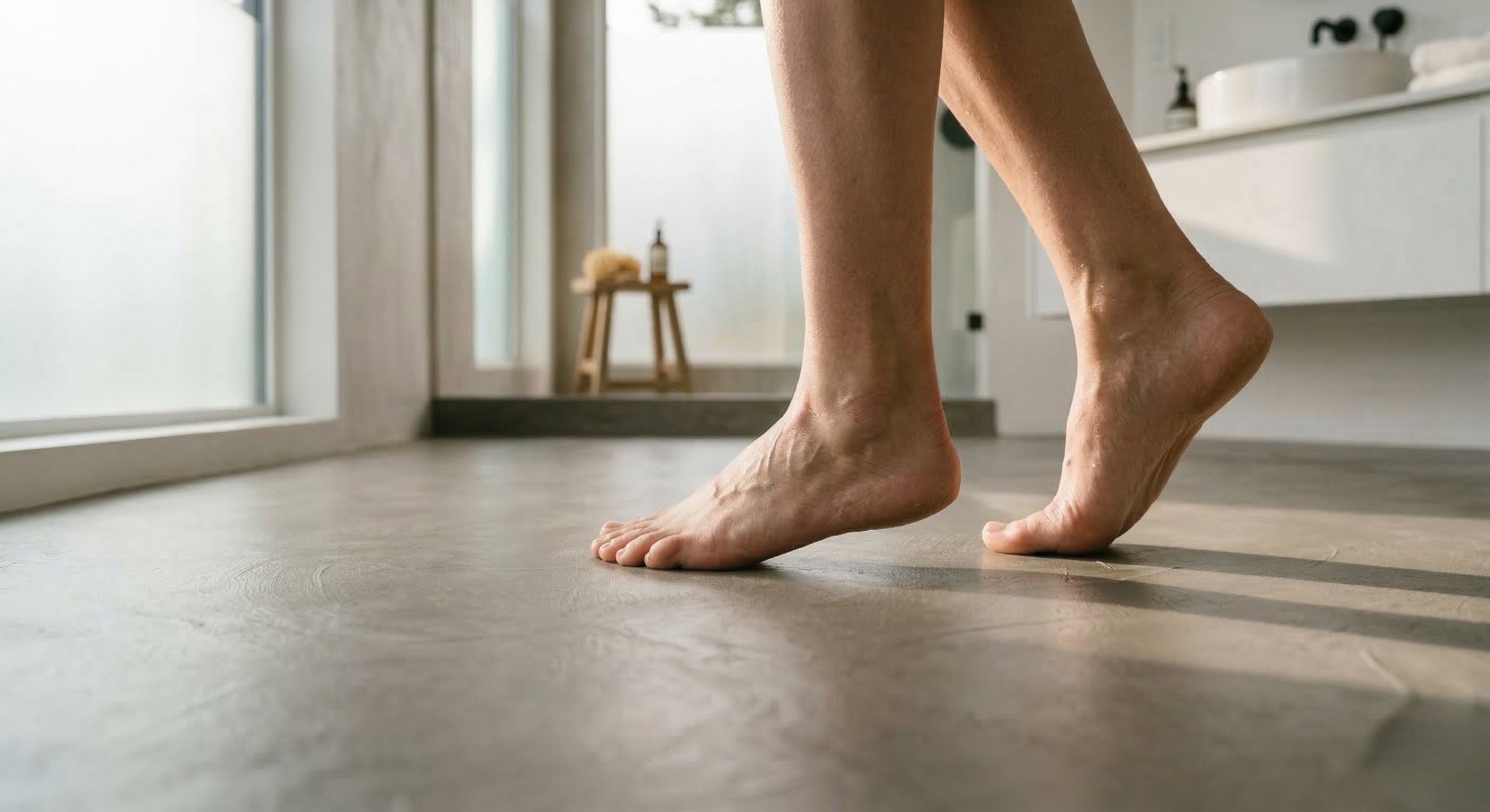 Bare feet walking on warm microcement flooring — warmer and softer than expected