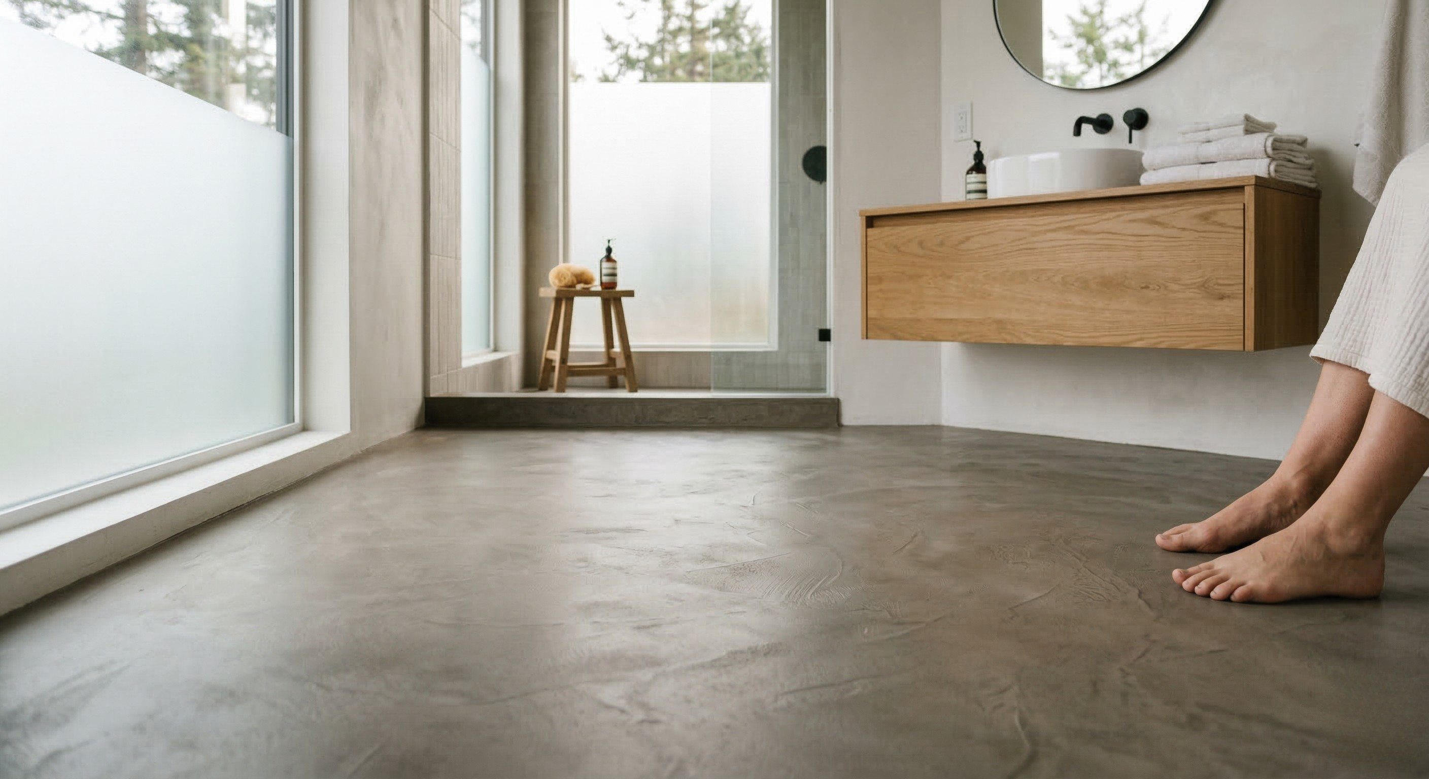 Seamless microcement flooring in a modern bathroom