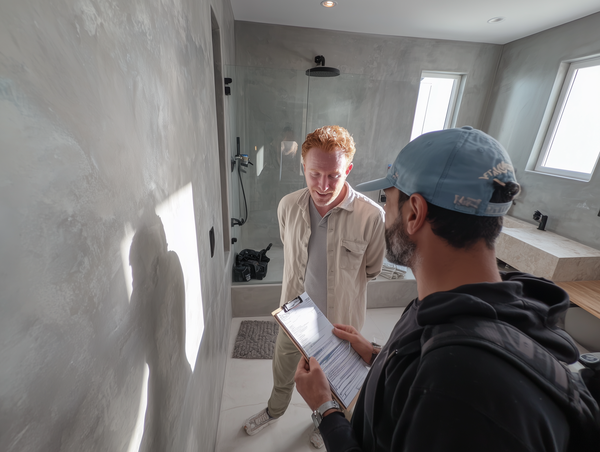 Final inspection of completed microcement installation with seamless finish