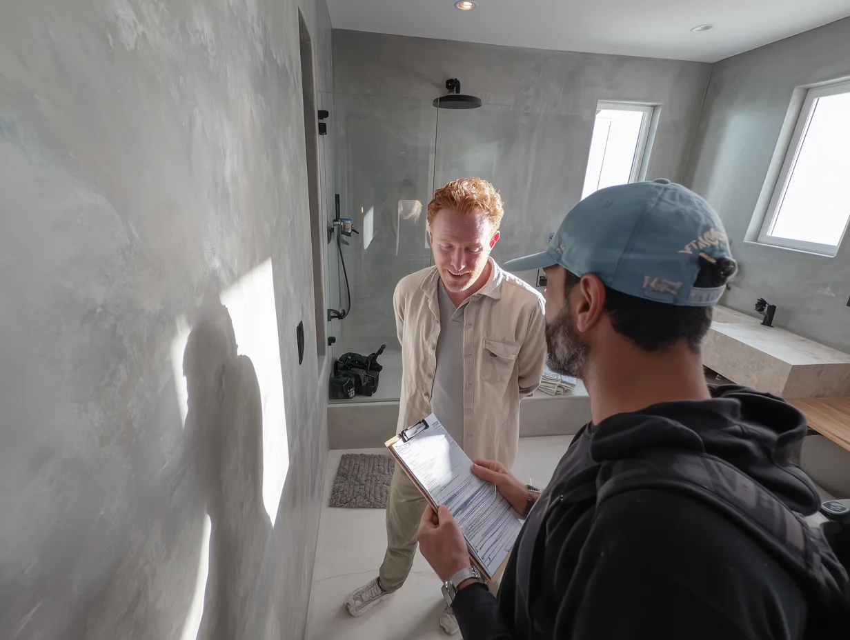 Final inspection of completed microcement installation with seamless finish